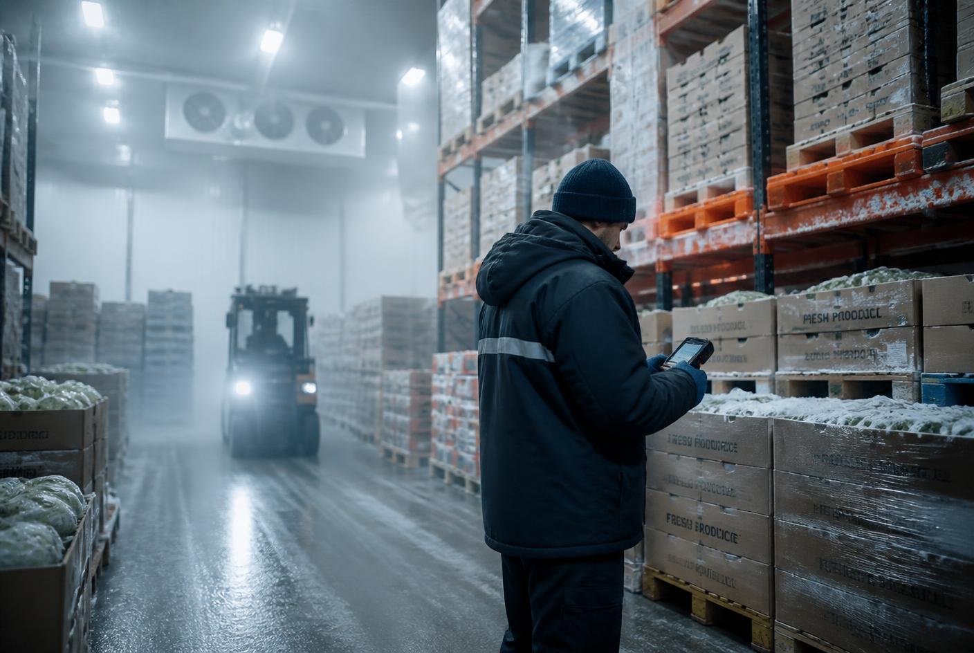 Refrigerated warehouse with pallets of fresh produce