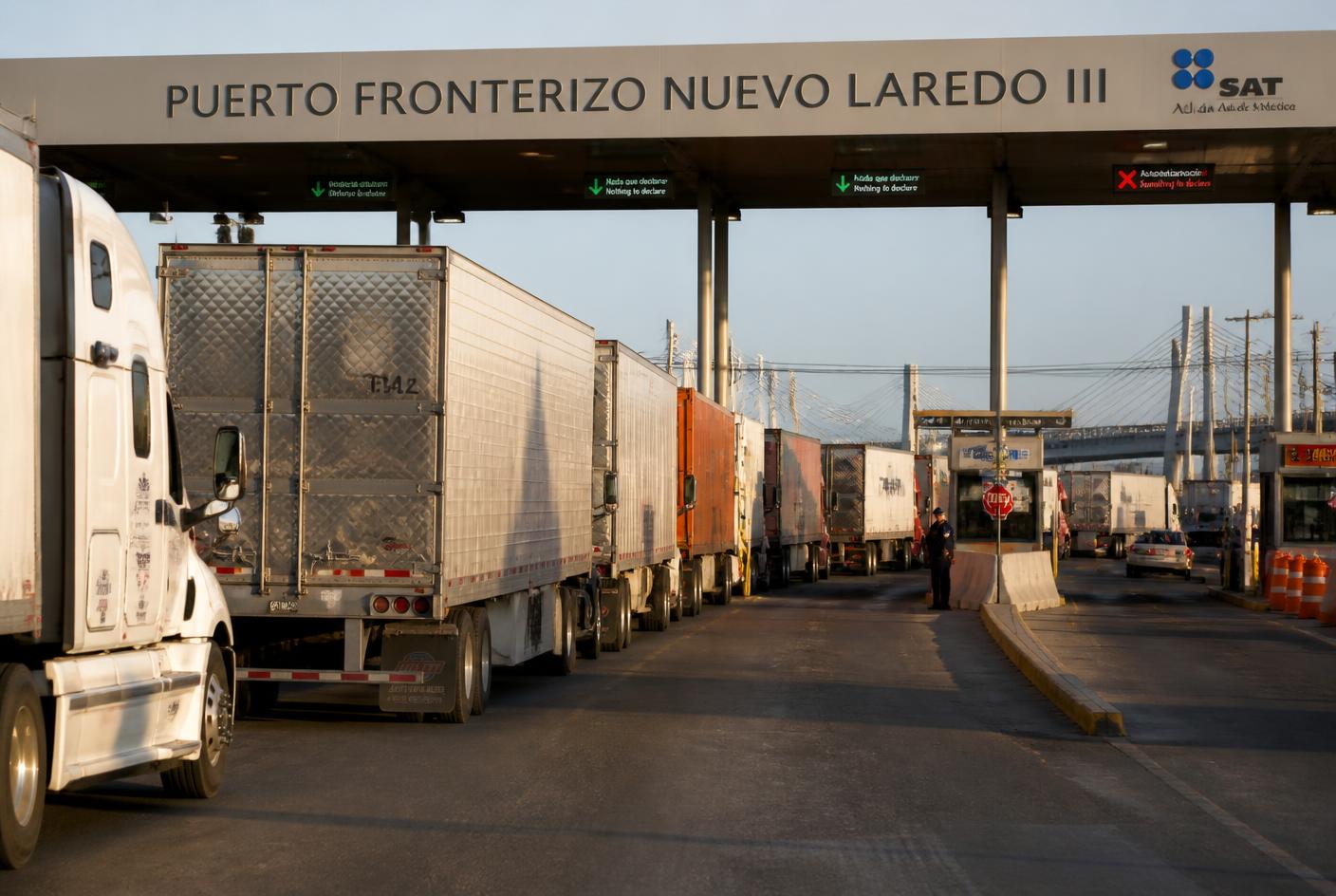 Line of freight trucks at a commercial border crossing