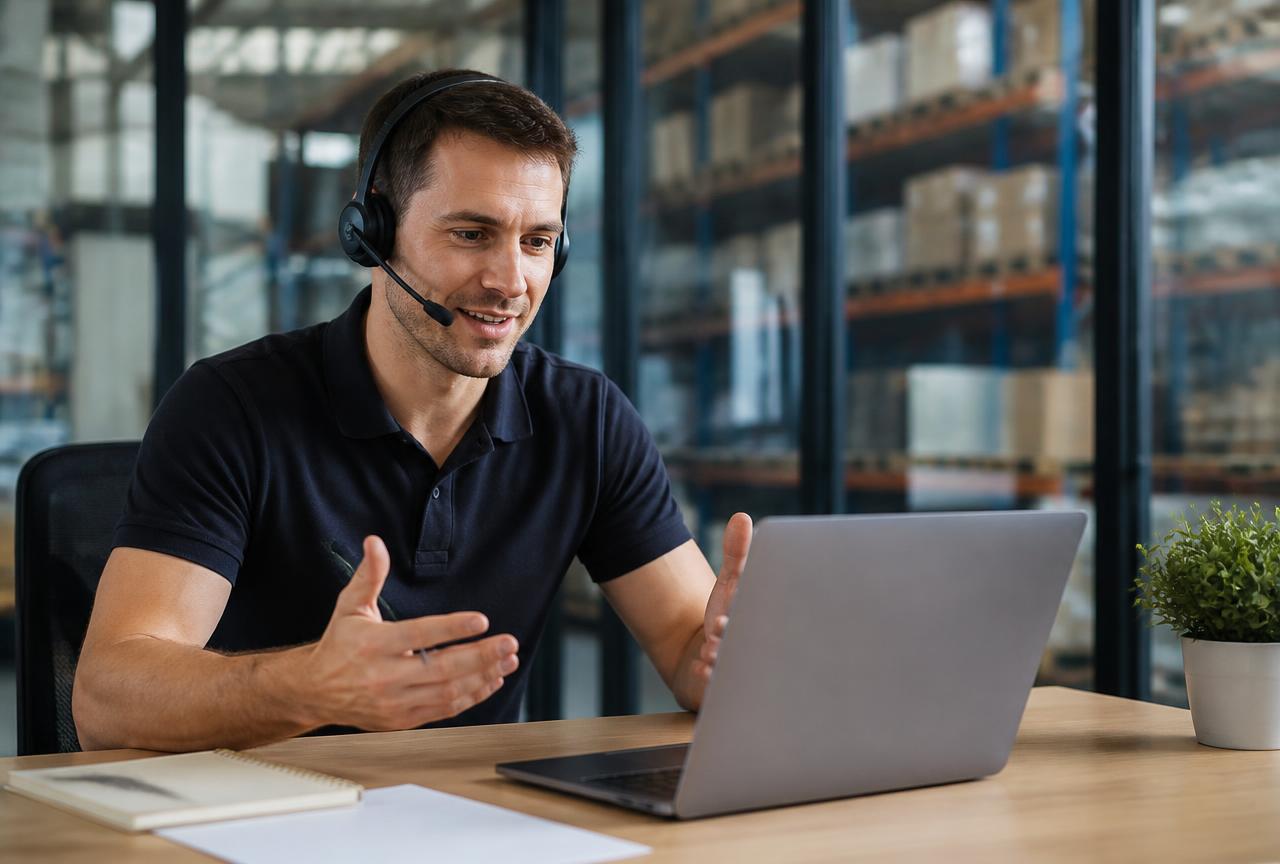 Logistics account manager on a headset discussing a shipment with a client